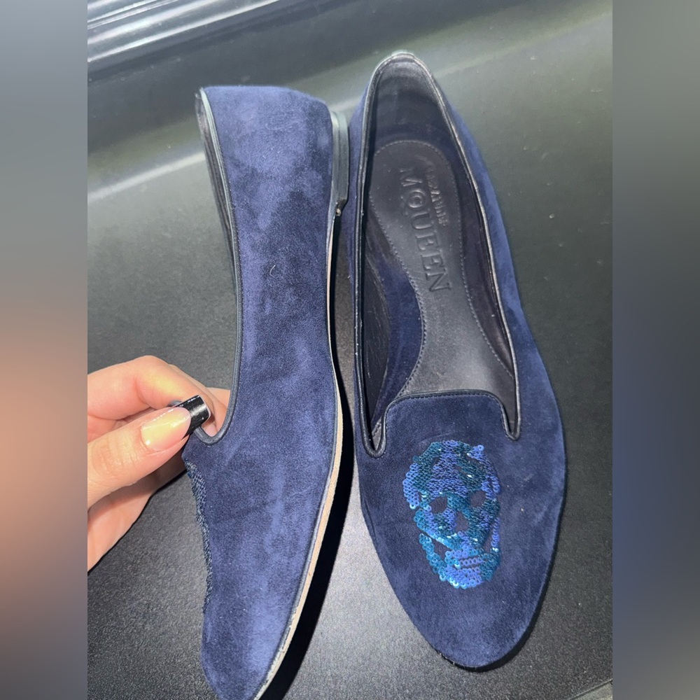 Alexander McQueen Navy Suede Sequin Skull Flats - Women